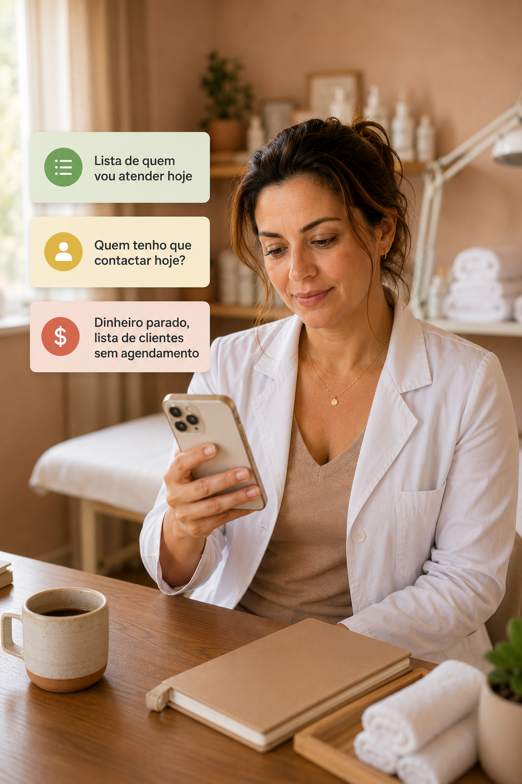Esteticista tranquila olhando o celular com cards da Agenda 360 sobrepostos mostrando quem atender, quem contactar e o dinheiro parado na carteira