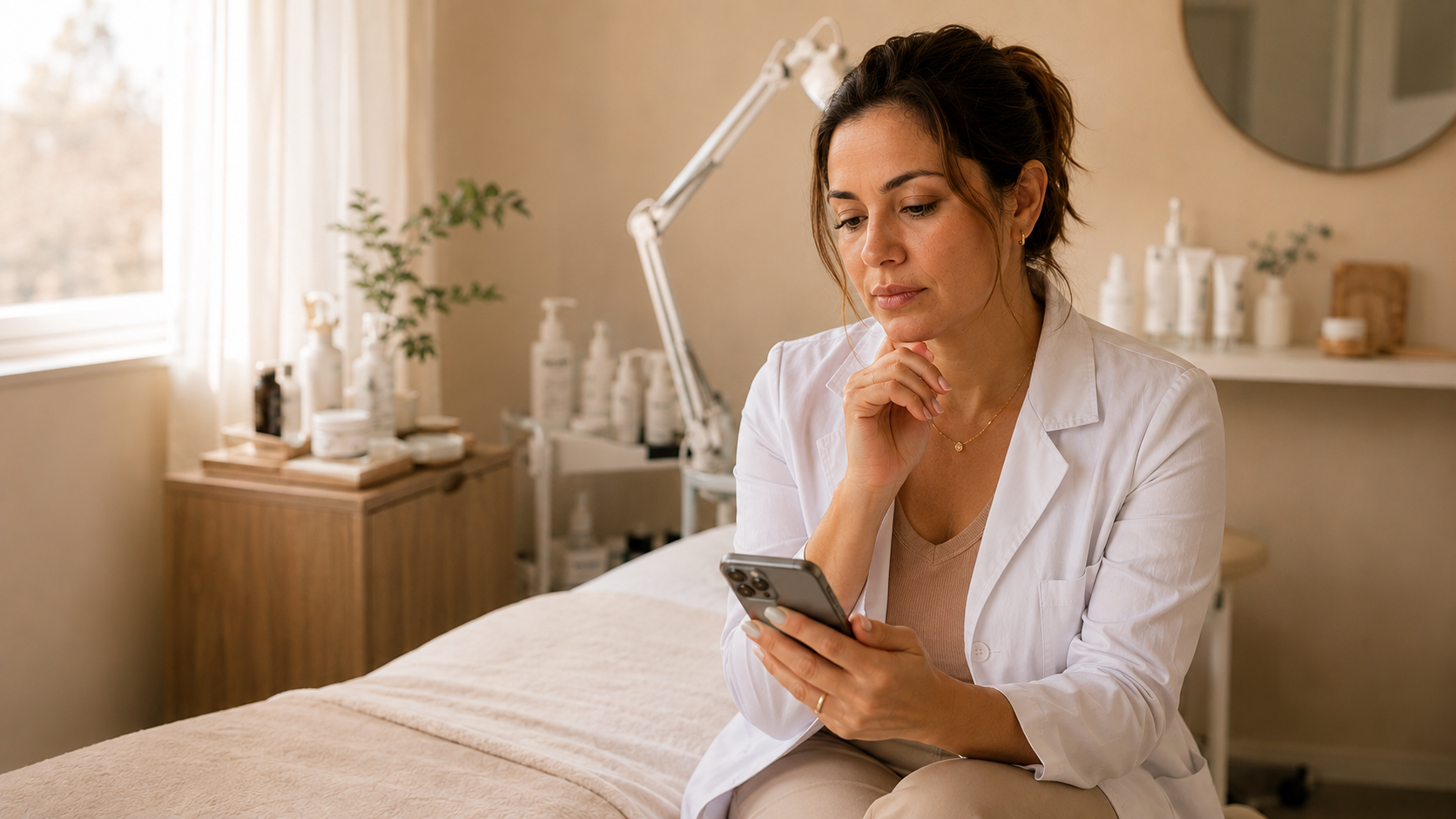 Esteticista autônoma sentada em seu espaço de atendimento olhando o celular entre consultas